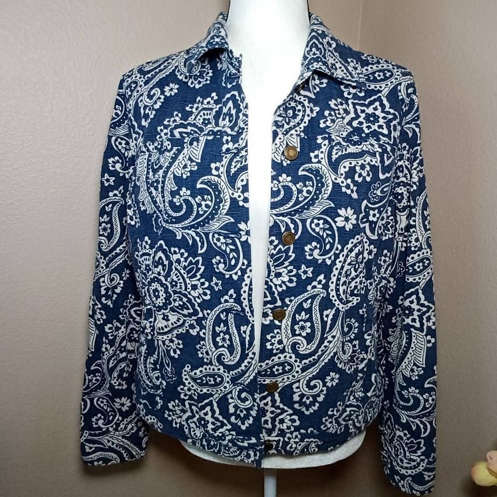 CHARTER CLUB Denim Jacket Blue White Floral Paisley Button Front Size M